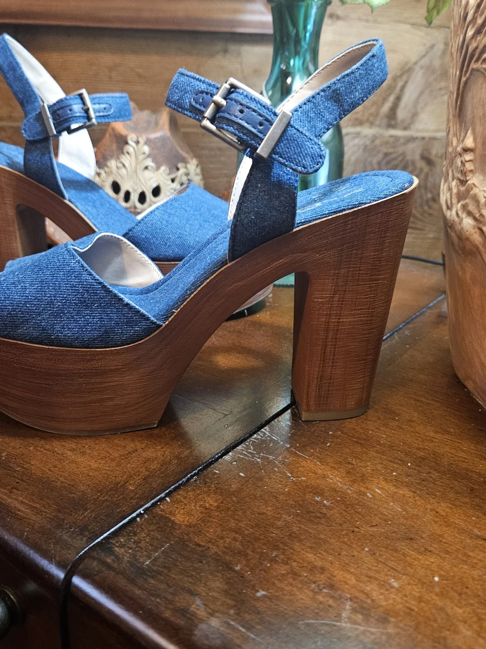 Mix No.6 Denim Platform Sandals with Wood-Effect Heel - Blue